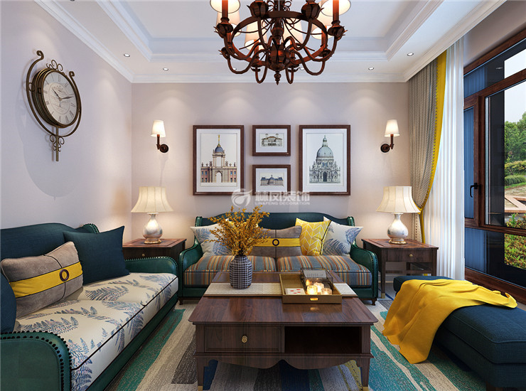 萬科翡翠四季127㎡美式風格客廳裝修效果圖